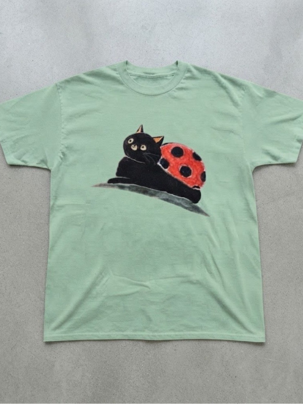 Quirky Black Cat Ladybug Graphic Gildan T-shirt Mint Green